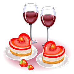 On the festive table, two glasses of red wine and fruit. Romantic cake in the shape of heart. Suitable for lovers on Valentine s Day. Vector illustration