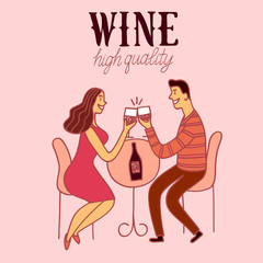 Obraz premium Cartoon romantic pair drinking wine