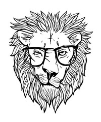 The stylized image of brutal leo with glasses. Hand drawn vector illustration
