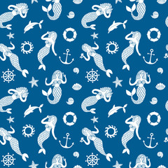 Seamless pattern with lovely cartoon mermaids