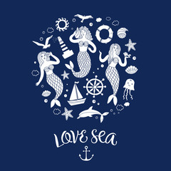 Sea icons cartoon set with lovely mermaids
