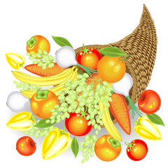 Thanksgiving Day. A generous harvest of fresh fruits and vegetables. In the cornucopia, apples, bananas, grapes, persimmons, oranges, potatoes, carrots, onions, peppers, tomatoes. Vector illustration