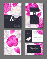 Botanical wedding invitation card. Template design with white and pink peonies flowers and petals. Modern, realistic style, hand drawn illustration. Collection of Save the Date and RSVP in vector EPS