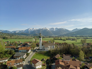 Fototapeta na wymiar Aerial view of authentic Bavarian village close to the alps