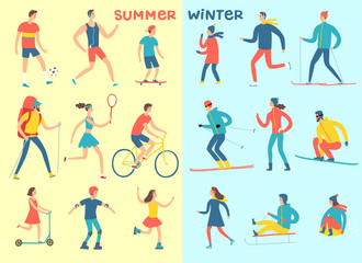 Fototapeta na wymiar Winter and summer activities cartoon set