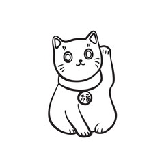 Hand drawn maneki neko cat. Vector black ink drawing isolated on white background. Graphic tattoo illustration