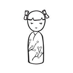 Hand drawn kokeshi doll. Vector black ink drawing isolated on white background. Graphic traditional japanese cartoon character illustration