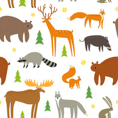 Cute forest animals seamless pattern.