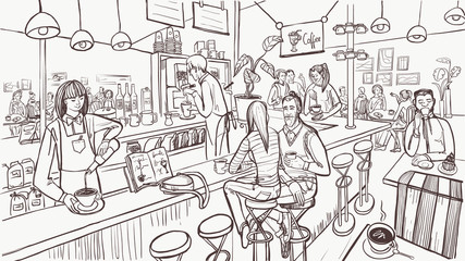 Sketch of cafe interior. Young people are sitting and drinking coffee by bar counter. Modern cafe concept. Vector illustration.