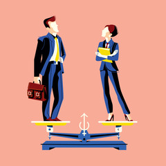 Gender equality concept with woman and man on scales. Symbol of european workers, professional equality, equality job, equal employment, fair balance. Flat style vector illustration