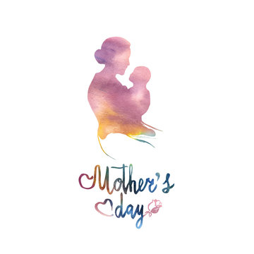 Mother's day illustration and lettering. Silhouette of mother and baby. Sketch drawn of brush. Watercolor style illustration.