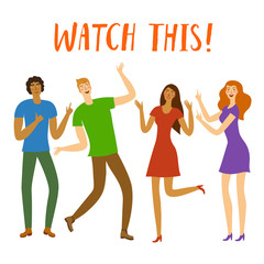 Fototapeta premium Group of happy friends pointing on title