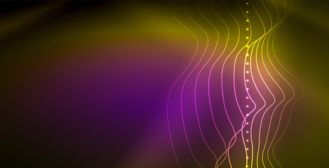 Glowing abstract wave on dark, shiny motion, magic space light. Techno abstract background