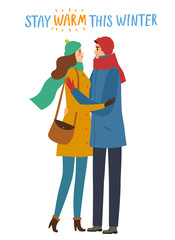 Cartoon pair in winter clothes hugging and each other.