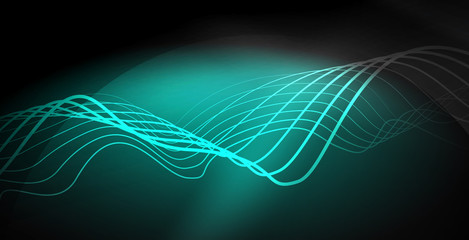 Glowing abstract wave on dark, shiny motion, magic space light. Techno abstract background