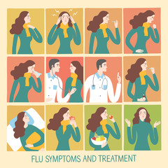 Cold and flu stages and treatment informative illustration.