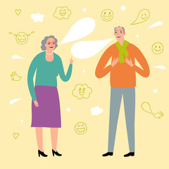 Old man and woman telling jokes