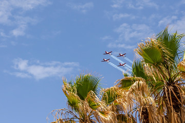 Aircraft fly in the blue sky (Israeli independence day airshow)