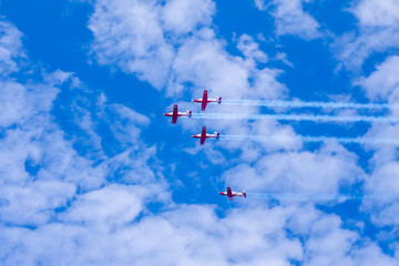 Fototapeta na wymiar Aircraft fly in the blue sky (Israeli independence day airshow)