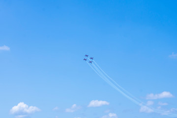 Aircraft fly in the blue sky (Israeli independence day airshow)