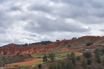 Landscape of windmills in spring with fields full of brown and green colors