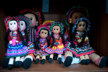 Peruvian dolls sale in souvenir shop of Cusco, Peru. Handmade.