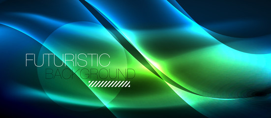 Glowing abstract wave on dark, shiny motion, magic space light. Techno abstract background