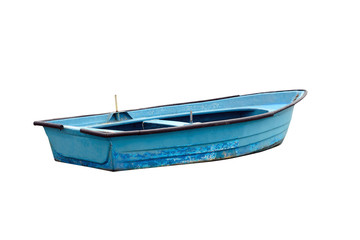 blue wooden fishing boat isolated on white background