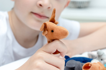 A caucasian boy playing finger puppets, toys, dolls - figures of animals, heroes of the puppet theatre put on fingers of human hand