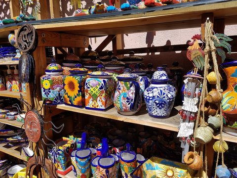 Ceramics Display at a Local Outdoor Craft Market, Spanish/Mexican/American Indian Cultures