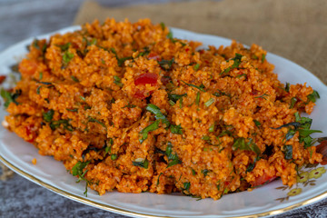 Traditional delicious Turkish food; bulgur salad (kisir)