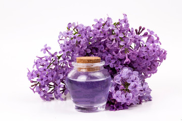 Obraz na płótnie Canvas Lilac flower essential oil on the white bakground