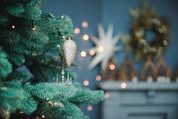 Christmas and New Year background. Place for text. Christmas and New Year Tree decorated close up.