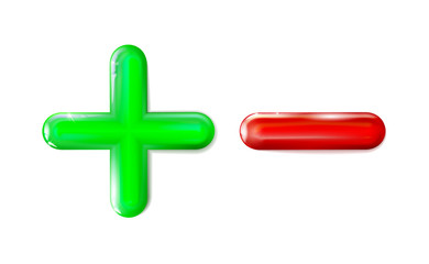 Obraz premium Glossy 3D plus and minus sign icon green, red symbol. Ui, ad. Design realistic isolated mathematical plastic toy. Balance concept pluses or minuses on light background.