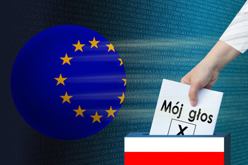 European Union globe whose stars illuminate a female hand, lowering a white sheet with an...
