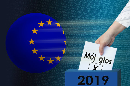 a woman votes in the elections of 2019 in Poland, dropping into the box a ballot paper with an inscription in Polish &ldquo;my vote&rdquo; on a digital background next to a globe of the European Union