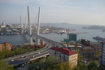 The cable-stayed Zolotoy Bridge (Golden Bridge, 2012) over the Zolotoy Rog (Golden Horn) bay (Vladivostok, Russia)