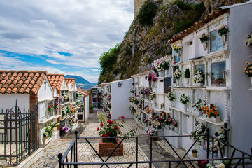 A Spanish cemetery located at the foot of the Castle of Olvera in Andalucía, Spain.