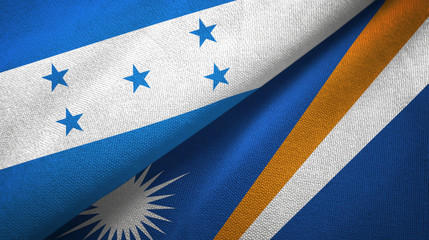 Fototapeta premium Honduras and Marshall Islands two flags textile cloth, fabric texture