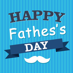 Happy Fathers Day greeting card design for men s event, banner or poster. Striped background with paper cut mustache and glasses. Congratulation text on the blue ribbon. Vector illustration