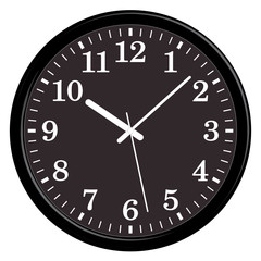 Black wall clock. Round shape. 3D effect and flat vector