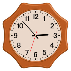Wooden wall clock. Vintage style. 3D effect and flat vector