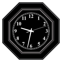 Black wall clock. Octagon shape. 3D effect and flat vector