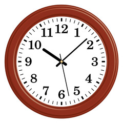 Wooden wall clock. Roundn shape. 3D effect and flat vector