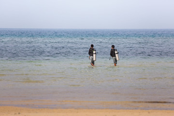 two diver walking in the sea with dive equipment a relaxing water sports scene 