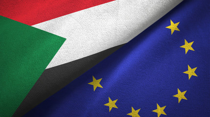 Sudan and European Union two flags textile cloth, fabric texture