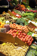 Palma Mallorca, Spain - March 20, 2019 : fresh vegetables and fruit display for sale in the local farmers indoor market stall