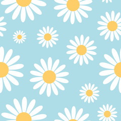 Seamless pattern with chamomile flowers on blue background.