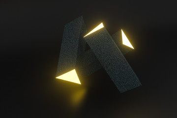 3d rendering, yellow glowing triangle pillar with dark background,