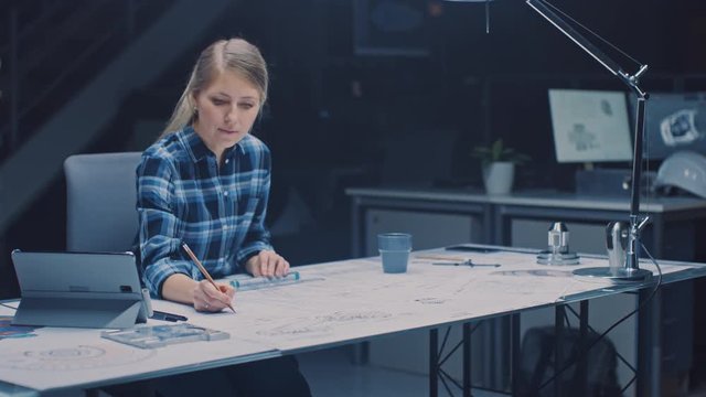 Female Engineer Sitting at Her Desk Works with Blueprints Laying on a Table, Uses Pencil, Ruler and Digital Tablet and Drinks Coffee